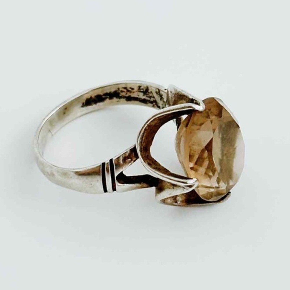 Vintage Sterling Silver Large Faceted Smoky Quartz